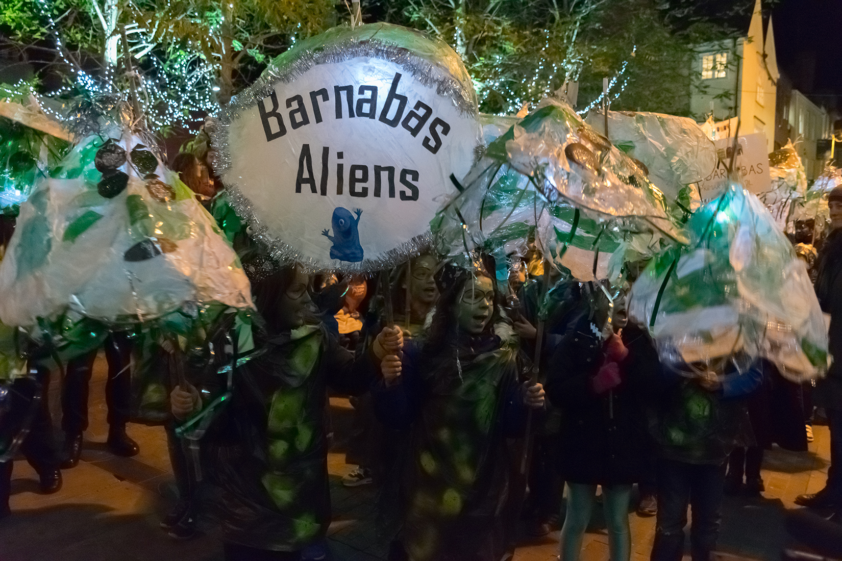 St Barnabas Primary School children line up as the Barnabas Aliens