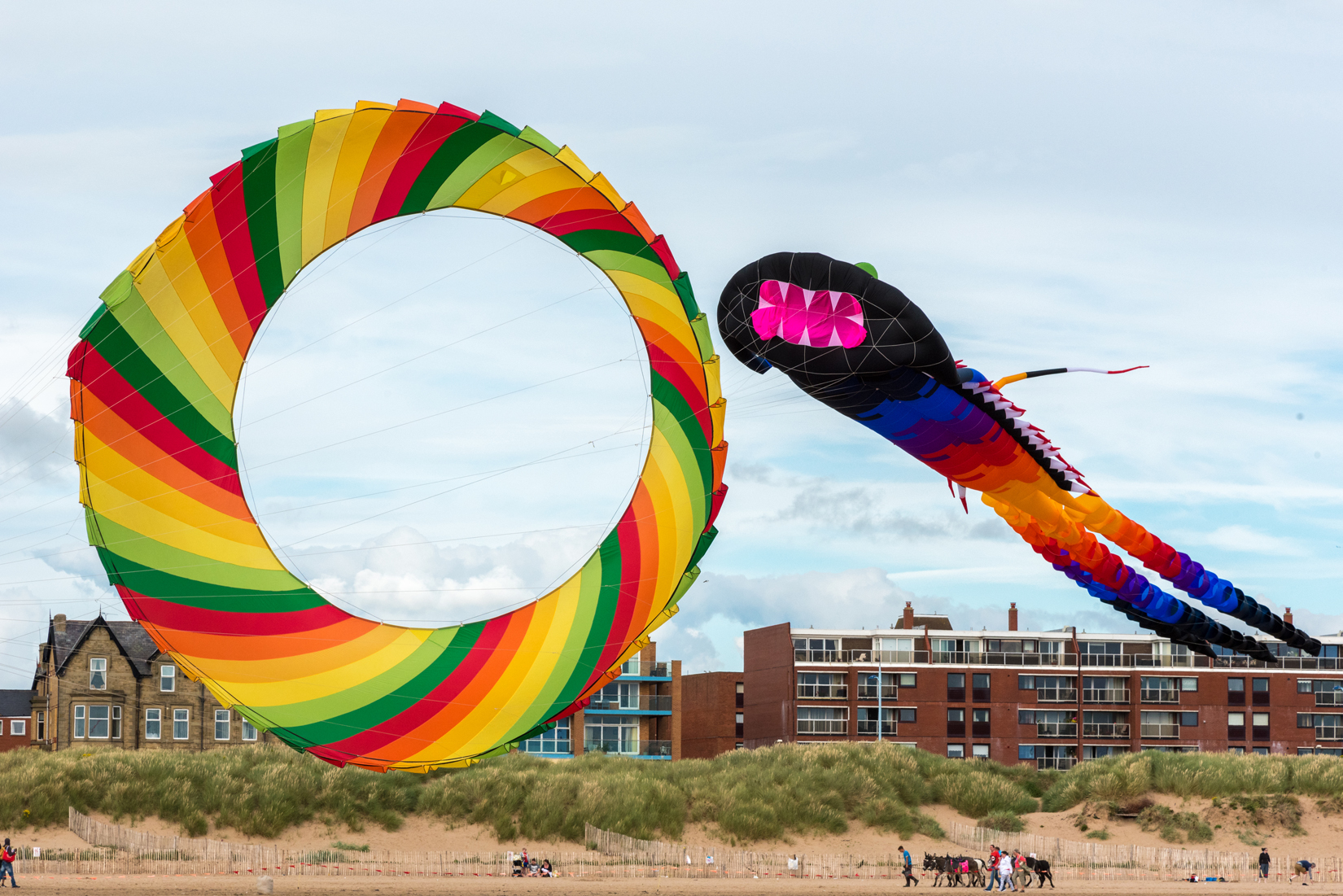 A manta-ray dancing on the wind with a simple but colourful circular kite.